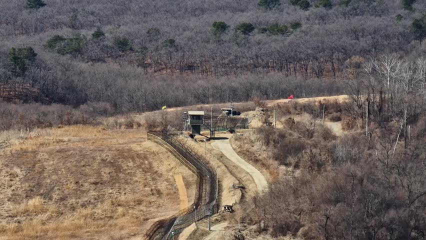 Watchtower and Fence on South Korea and North Korea Border, DMZ Demilitarization Zone