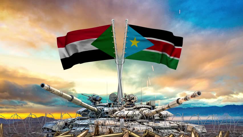 Sudan and South Sudan flags waving above military tanks