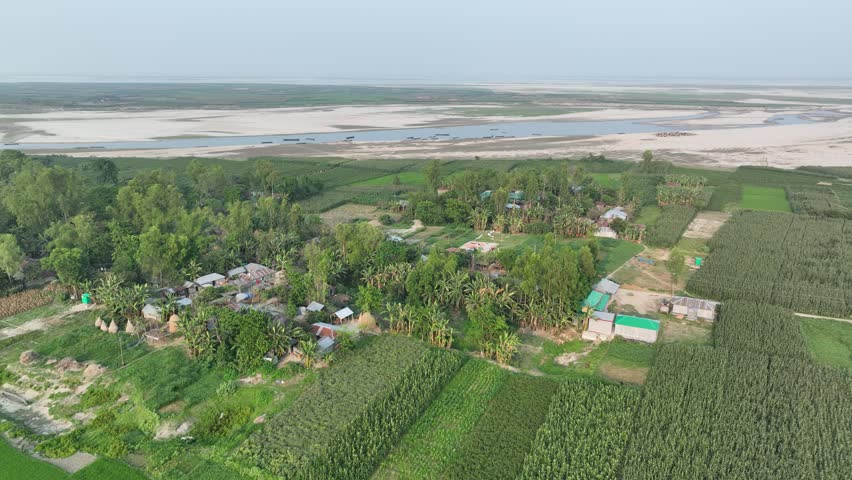 Picturesque aerial perspective capturing a small, remote village nestled among vibrant green cornfields and lush trees, situated beside a wide, almost dry river in a rural region