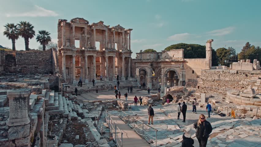 Aerial view of the Library of Celsus and surrounding columns in Ephesus, Izmir, Turkey. Ancient ruins, marble remains and Roman architecture reveal the grandeur of this historic site.