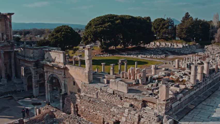 Aerial view of the Library of Celsus and surrounding columns in Ephesus, Izmir, Turkey. Ancient ruins, marble remains and Roman architecture reveal the grandeur of this historic site.