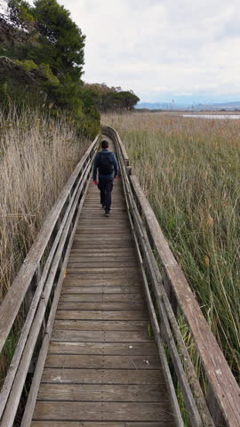 Vertical slow motion rear view of an active man walking on a wooden boardwalk by a pond with backpack drone view outdoor nature adventure travel lifestyle real person