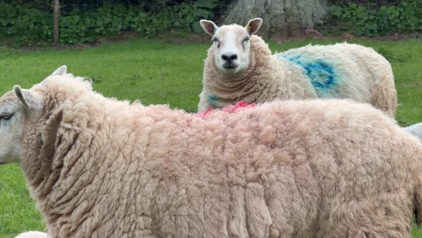 Flock of sheep with nursing lambs outdoors