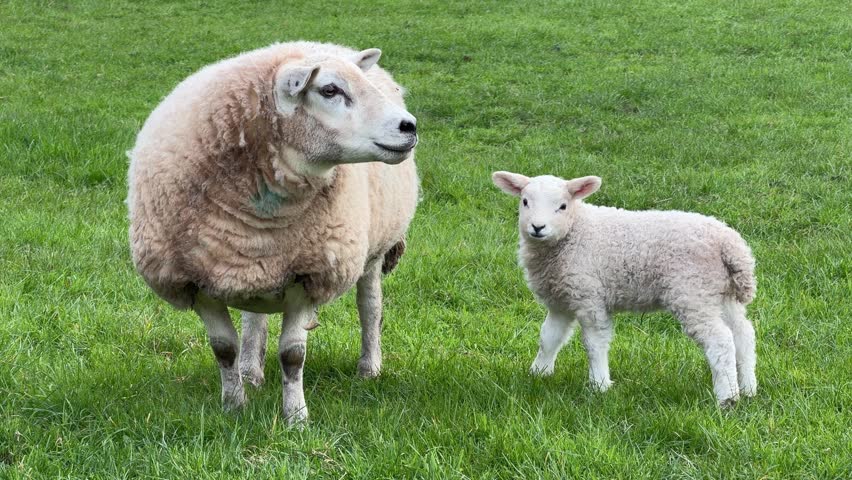 Mother sheep standing next to lamb 4K