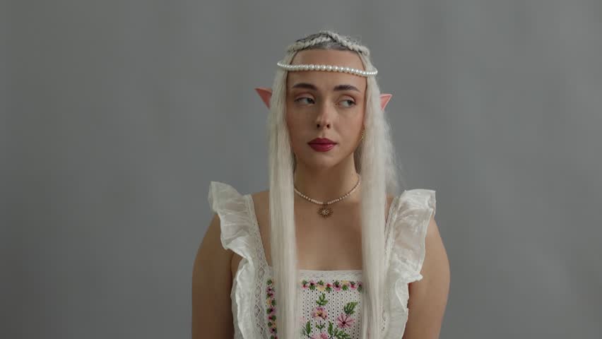 Beautiful girl dressed as elf on grey background, camera moving in