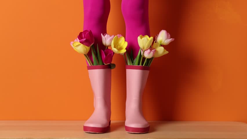 Woman in rubber boots with beautiful tulips near orange wall, closeup