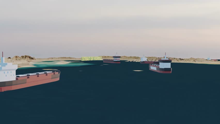 High-detail 4K 3D visualization of the Strait of Hormuz featuring realistic water textures and rugged desert terrain. The 10-second sequence shows 3D-modeled oil tankers navigating the strategic waterway from a long-distance aerial perspective. The camera performs a smooth pan and rotation, transitioning from a top-down view to a lateral tracking shot. Perfect for news segments, educational videos, or documentaries focusing on global oil trade and Middle Eastern geography.