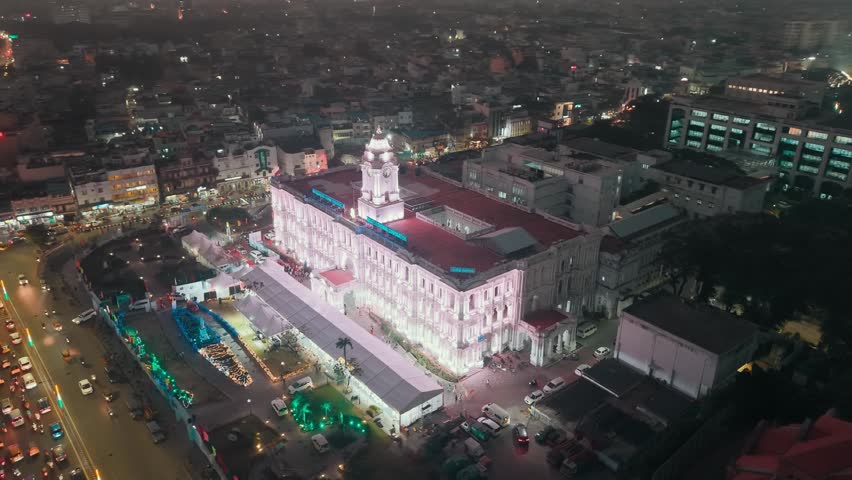 Chennai, Tamil Nadu, India – April 2, 2026: Night view of Ripon Building with lights and surroundings