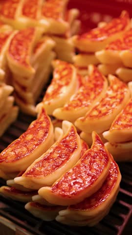 A close-up camera pans across golden-brown gyoza dumplings and grilled shrimp skewers at a market