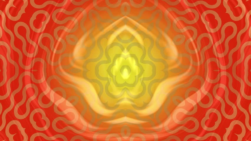 Abstract kaleidoscope pattern with red and yellow colors, bright center, and intricate design.