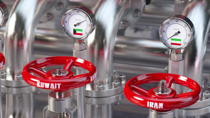 Hormuz strait energy oil crisis concept. Oil tube valve with flags of Persian gulf countries closied for export. 3d video animation