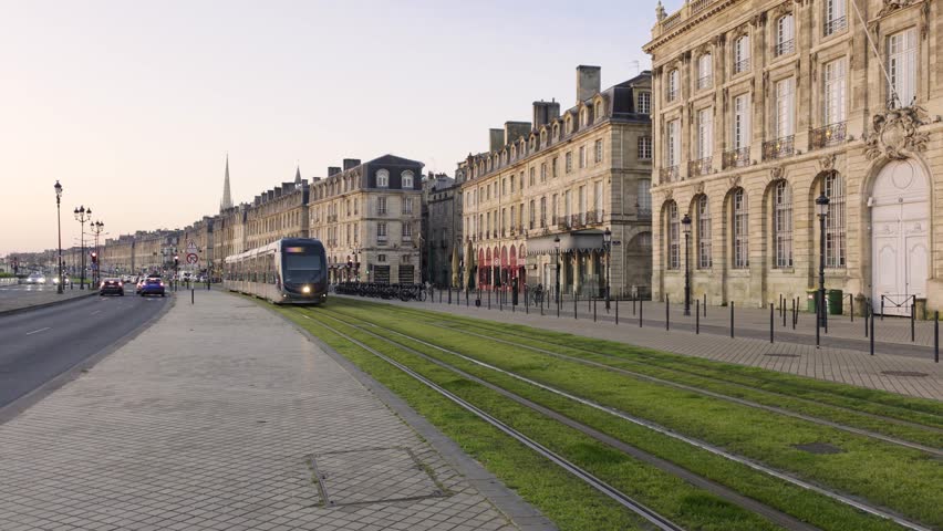 Modern tram on Quai Richelieu street in Bordeaux, France