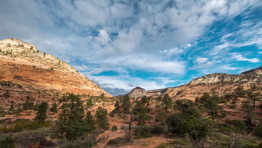 A magnificent, wide-angle view of the rugged and ancient landscape within Zion National Park, Utah, USA. The scene captures towering red and orange sandstone cliffs, dotted with green pine trees and s