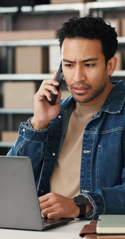Laptop, phone call and stress with man in logistics office for feedback, mistake or review. Backlog, computer and problem solving with employee in supply chain warehouse for anxiety, error or fail