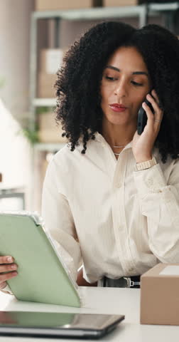 Phone call, smile and tablet with woman in logistics office for delivery feedback or update. App, conversation and supply chain with happy person in workplace for distribution, shipping or tracking
