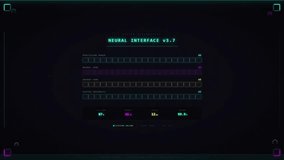 Neural interface system diagnostics display screen showing dynamic progress bars for processing power, neural sync, and energy core filling up, indicating futuristic technology motion. - Powered by Shutterstock - Get 15% off with code: PIKWIZARD15