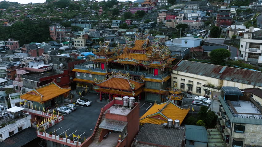 Aerial view of Jiufen Shengming Temple with traditional ornate architecture, Taiwan