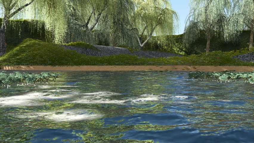 Garden Pond with Flowing Water and Weeping Trees Natural Park Landscape