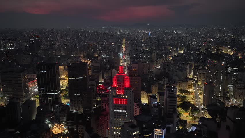 Sao Joao Avenue At Sao Paulo In Brazil. Night City Landscape. Downtown District. Highrise Buildings. Sao Joao Avenue At Sao Paulo In Brazil. Tourism Symbol. Capital City.