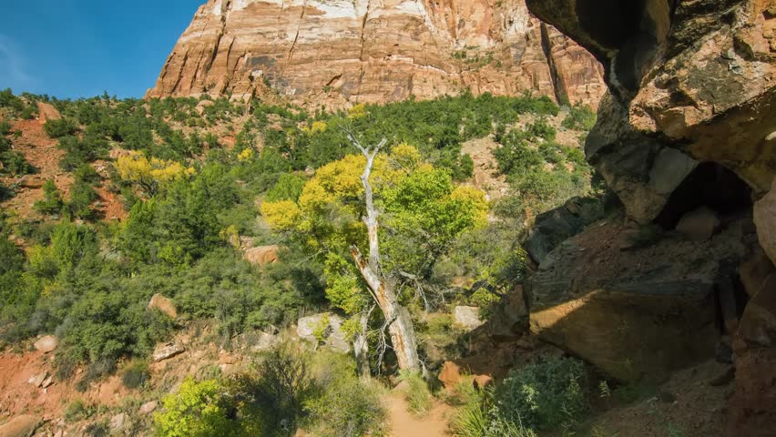 wide-angle shot capturing the vibrant landscape along the moderately challenging Watchman Trail in Zion National Park, Utah. The footage showcases the majestic, towering sandstone cliffs, including th