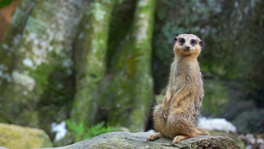 A Meerkat (Suricata suricatta) sits upright on its hind legs on a rock, lookout for its group, close up shot.