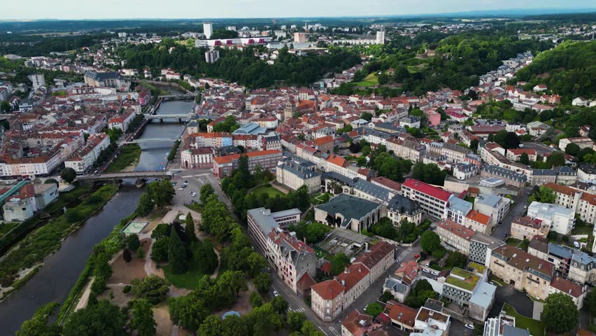 Aerial panorama view beside the old town of the city Epinal in France on a sunny afternoon in summer.