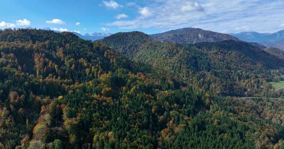 Serene aerial view of lush forest mountain landscape with autumn colors