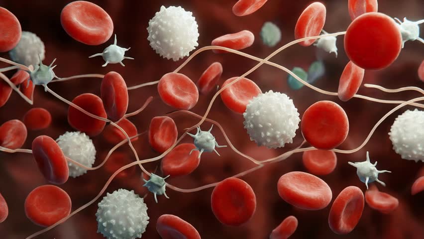 Bloodstream flow with red blood cells, white blood cells and platelets moving through a blood vessel