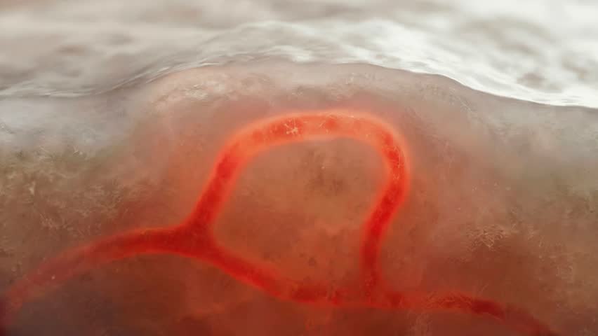 Medical animation of inflamed nerve under skin with glowing red irritation spreading along neural pathway