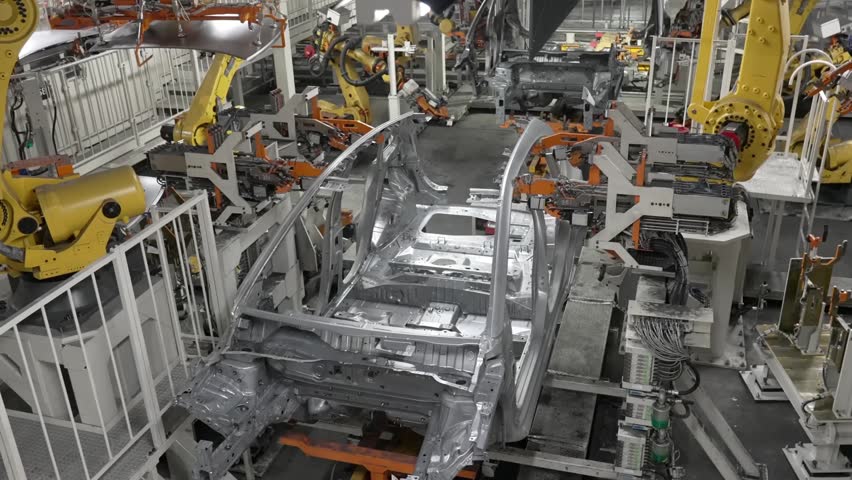 High angle view of specialized robotic arms precisely positioning and attaching a roof panel to a car body in an assembly plant