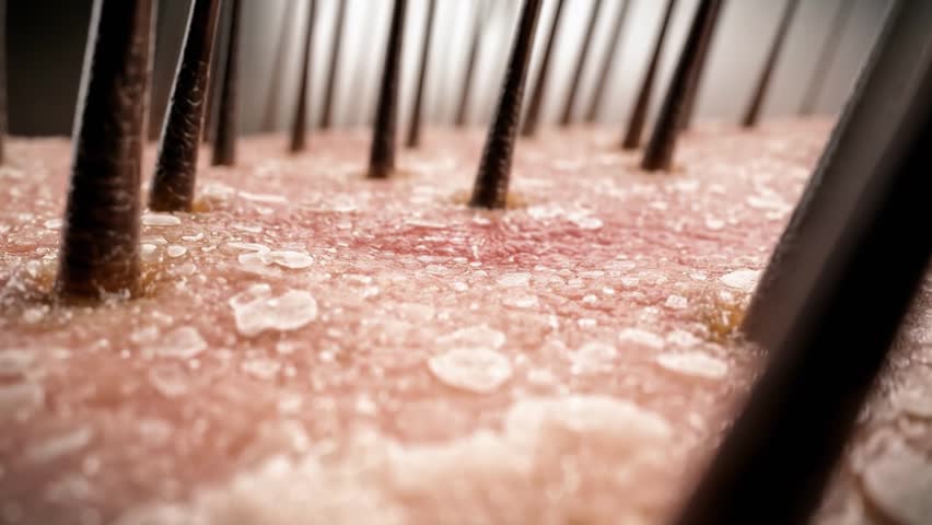 Macro view of human scalp shedding dandruff flakes as hair strands move, showing dry irritated skin close up