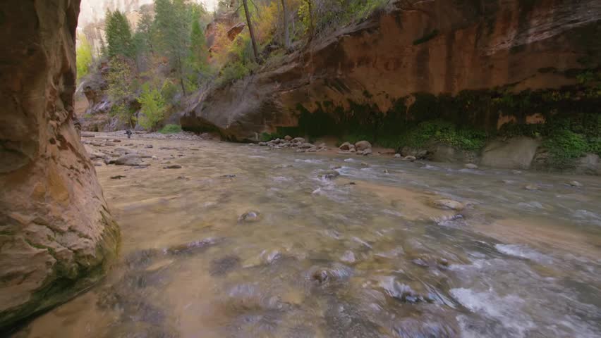 Footage capturing the stunning scenery of The Narrows, the narrowest section of Zion Canyon, located in Zion National Park, Utah, USA. The video shows the Virgin River flowing between towering red san