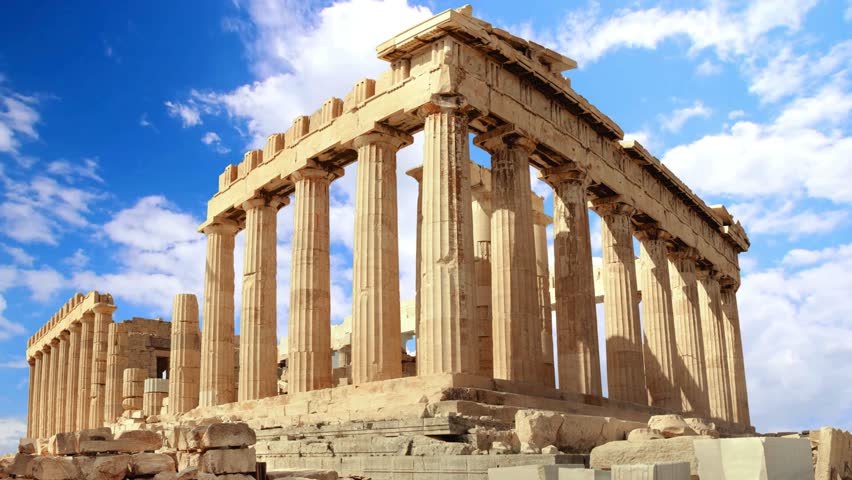A majestic view of the Parthenon, the 5th-century BC temple dedicated to the goddess Athena. This iconic symbol of Classical Greece and Western civilization features weathered Doric columns and intricate marble entablatures, standing atop the rocky outcrop of the Acropolis under a bright Mediterranean sky.