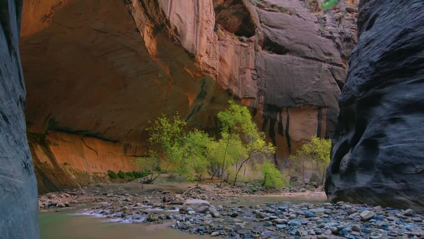 view of the Narrows in Zion National Park, Utah. The footage captures the Virgin River winding through the narrowest section of Zion Canyon, flanked by massive, colorful sandstone walls rising up to 1