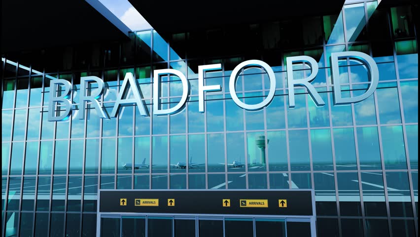 Airlane landing at Bradford. Arrival in the city with reflection of airport and aircraft