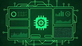 Futuristic digital interface displays animated data charts and a central processor graphic with glowing green lines on a dark background. This footage is ideal for technology, AI, or data analysis concepts in corporate presentations and digital media. - Powered by Shutterstock - Get 15% off with code: PIKWIZARD15