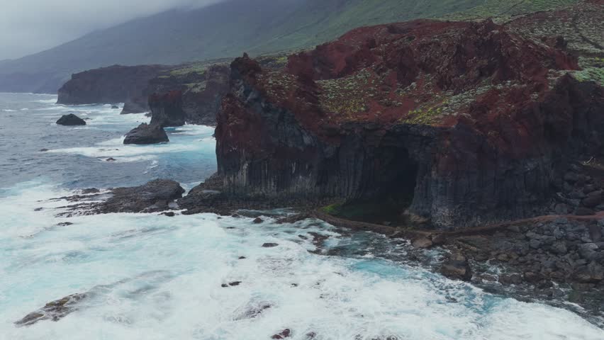 Aerial Panoramic View Pristine Rock Pool La Laja El Hierro Canary Islands Spain Natural Pool Volcanic Coastline
