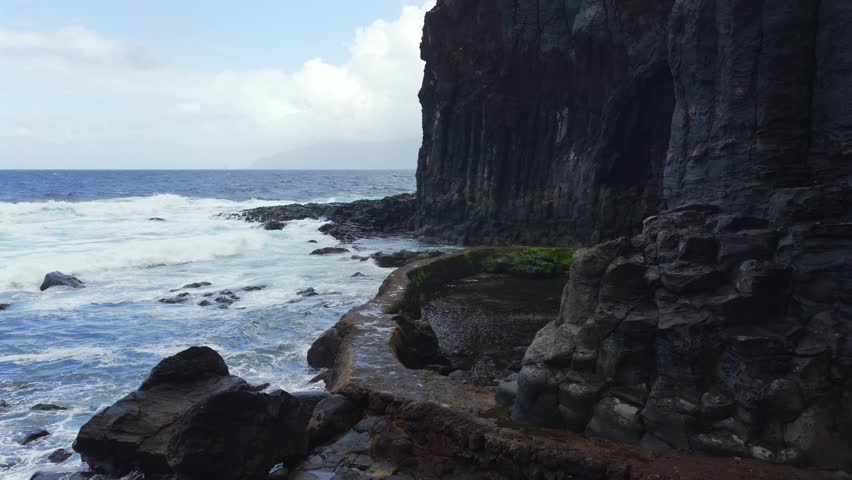 Aerial Panoramic View Pristine Rock Pool La Laja El Hierro Canary Islands Spain Natural Pool Volcanic Coastline