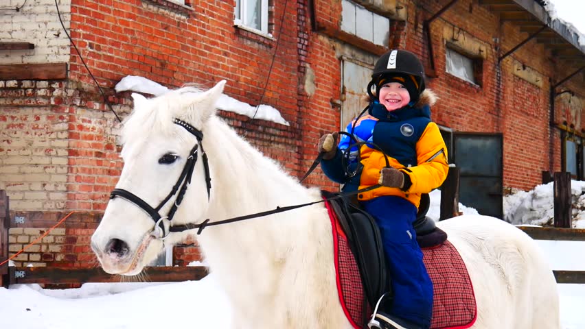 A happy baby boy riding a white horse controlling it himself