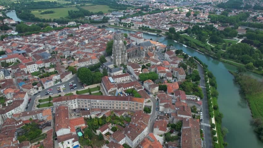 Aerial view of the city Saintes in France on sunny noon in early summer