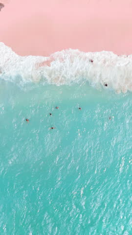 Pink beach with blue ocean. Beach with natural pink sand in Komodo national park. Aerial view