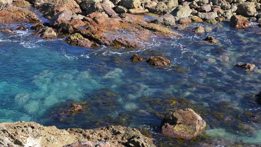 Clear ocean water flowing over rocky shoreline with visible seabed, Tathra, New South Wales, Australia.