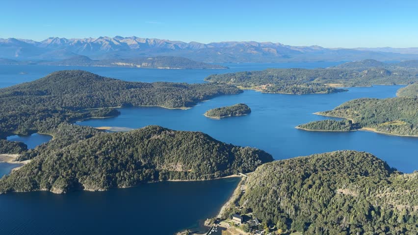 View of Lake Nahuel Huapi and its islands from the Andes Mountain Range. San Carlos de Bariloche, Patagónia, Argentina. 