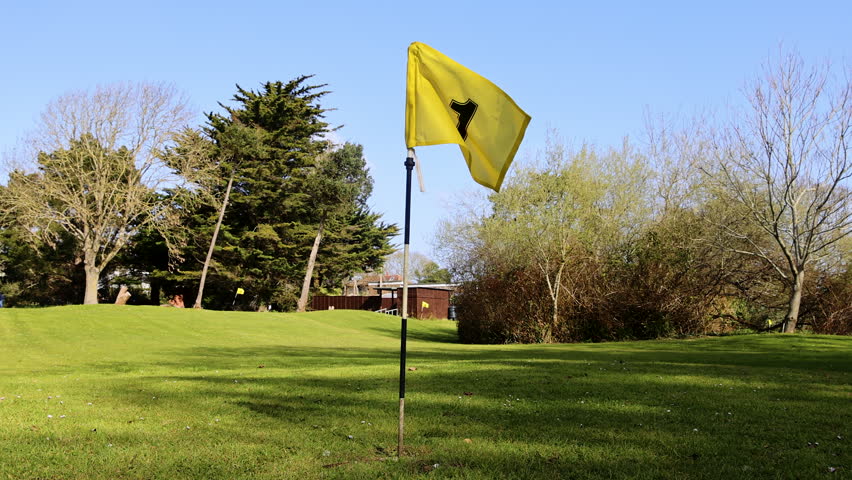 Yellow Number One Flag Waving on a Golfcourse