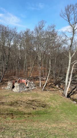 Rustic stone structure in a woodland forest surrounded by leafless trees and a small flowing stream. Natural outdoor landscape with early spring or late autumn atmosphere. Peaceful countryside scene with elements of history and nature. vertical