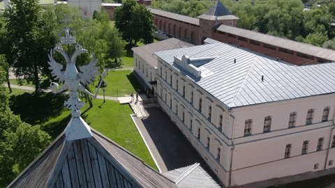 Sideways Aerial View Historic Building Courtyard
