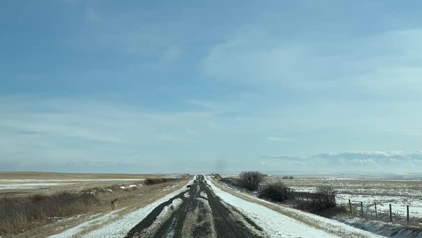 Driving down an icy rural road with snow covered shoulders and open prairie landscape under cloudy sky showcasing winter travel conditions and slippery roadway hazards