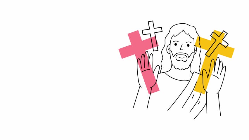 savior appearing with hands raised and religious symbols of faith