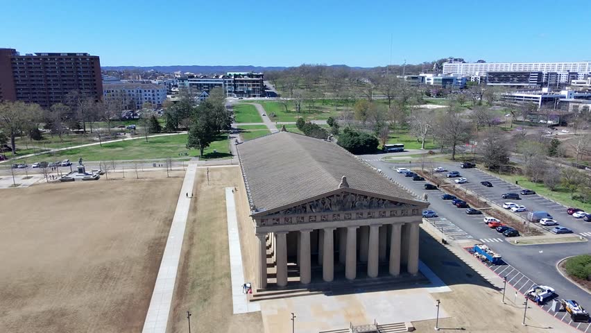 Aerial drone shot of Parthenon in Nashville Tennessee 