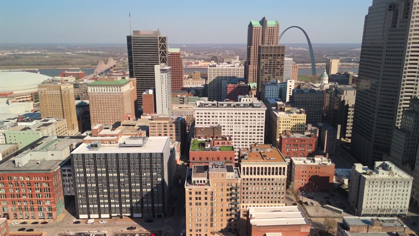 St Louis Missouri downtown aerial with Gateway Arch